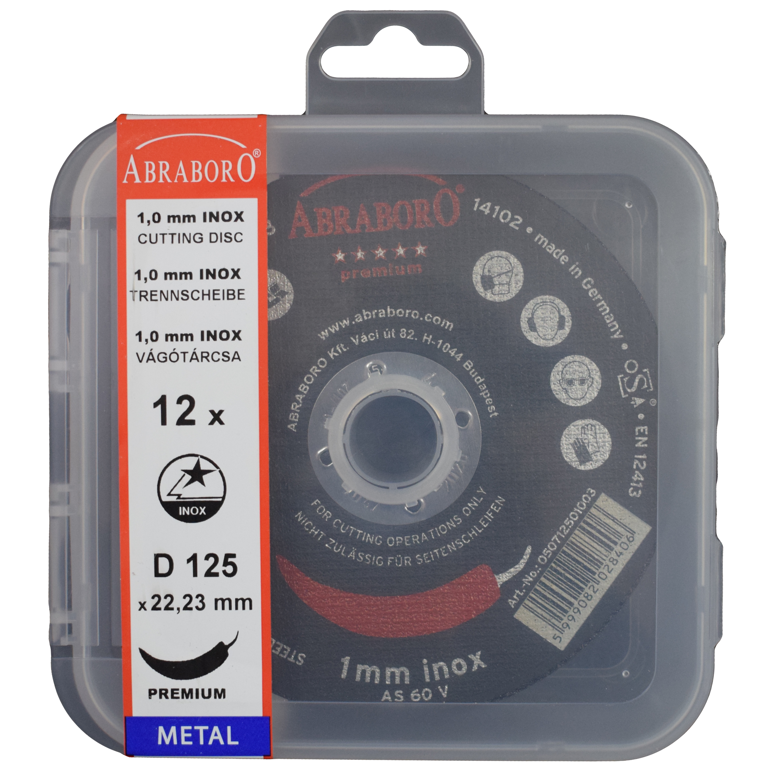 Abraboro 115 x 1.0 x 22 mm CHILI INOX Premium fémvágó korong, 12 db/csomag (felakasztható csomagolás) termék fő termékképe