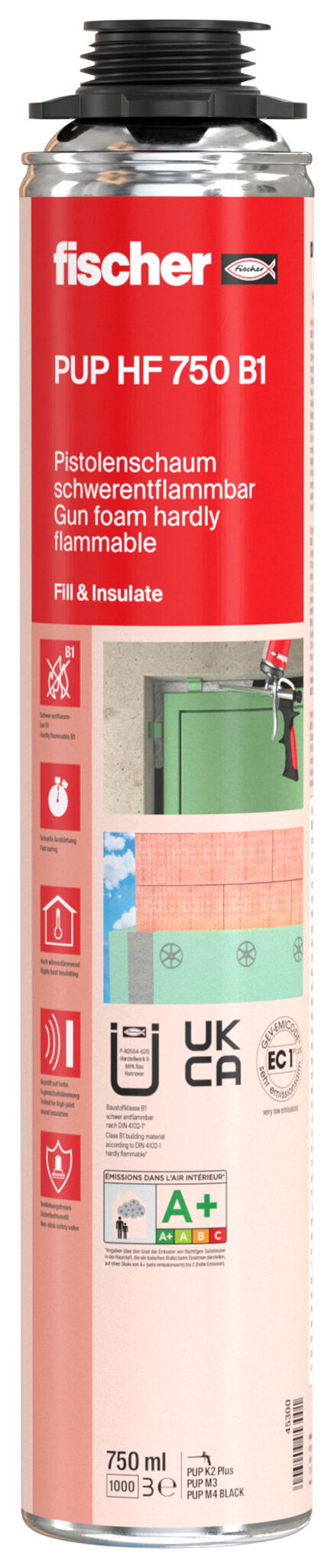 Fischer PUP HF 750 B1 nehezen gyulladó pisztolyhab, betonszürke, 750 ml termék fő termékképe